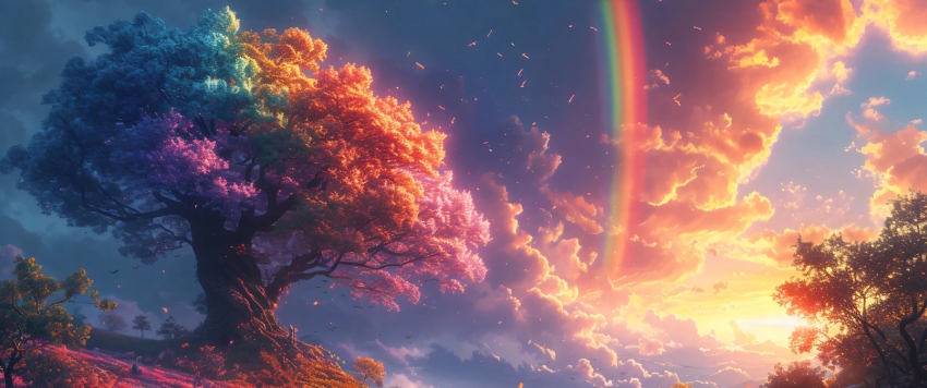树 彩虹风景3440x1440带鱼屏壁纸
