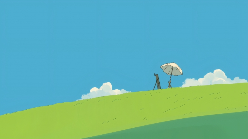简约风景 蓝天 白云 绿草地 伞 画板 4K壁纸 3840x2160