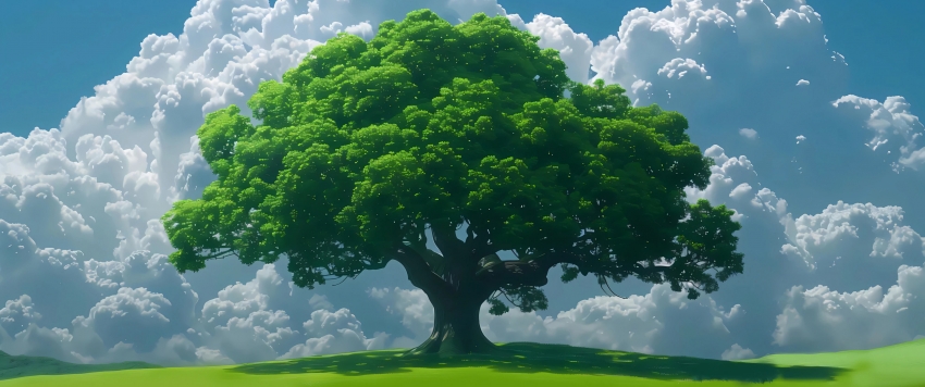 一棵树 绿草地 蓝天白云 3440x1440带鱼屏风景壁纸