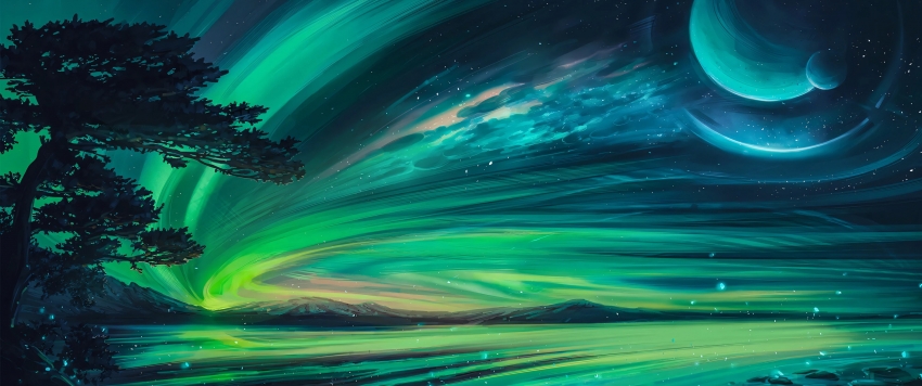 北极光夜景3440x1440风景带鱼屏壁纸