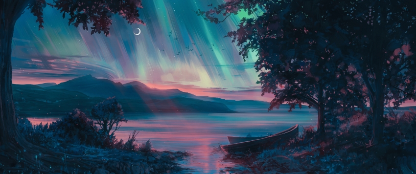 月亮 山脉 树木 水 船 天空 鸟 唯美绘画风景3440x1440带鱼屏壁纸