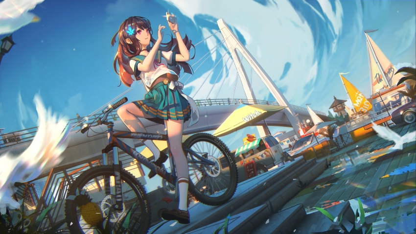 赛博少女 单车 自行车 手机拍照 4k动漫壁纸