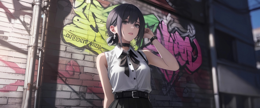 街头涂鸦背景墙 创意风 个性动漫美女 3440x1440带鱼屏壁纸