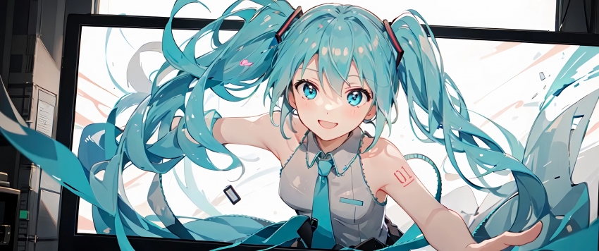 从电脑屏幕里出来的初音未来 3440x1440带鱼屏壁纸