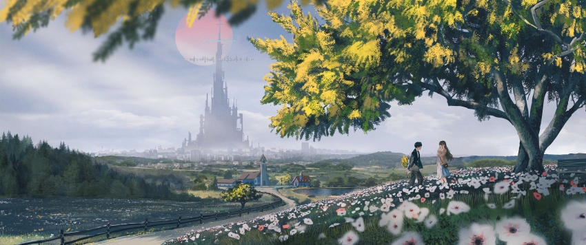 城市 公路 郊外 天空 田野 草 鲜花 情侣 浪漫风景 3440x1440带鱼屏动漫壁纸