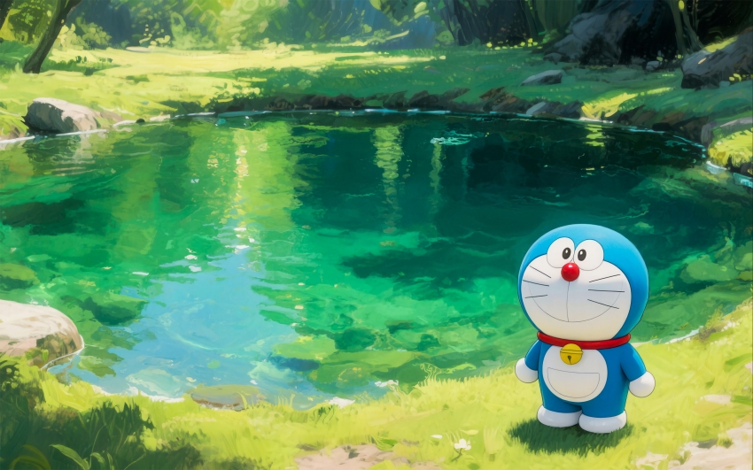 哆啦A梦 水塘 森林 4K壁纸 3840x2400