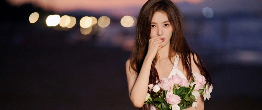 章若楠 粉色玫瑰花 唯美 3440x1440美女带鱼屏壁纸